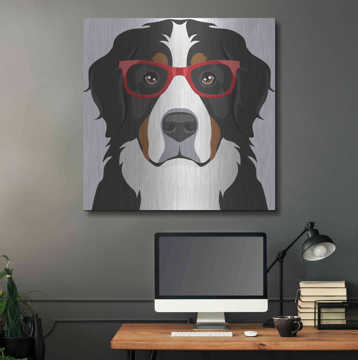 Luxe Metal Art 'Bernese Mountain Dog Wearing Hipster Glasses' by Furbaby Affiliates, Metal Wall Art,36x36
