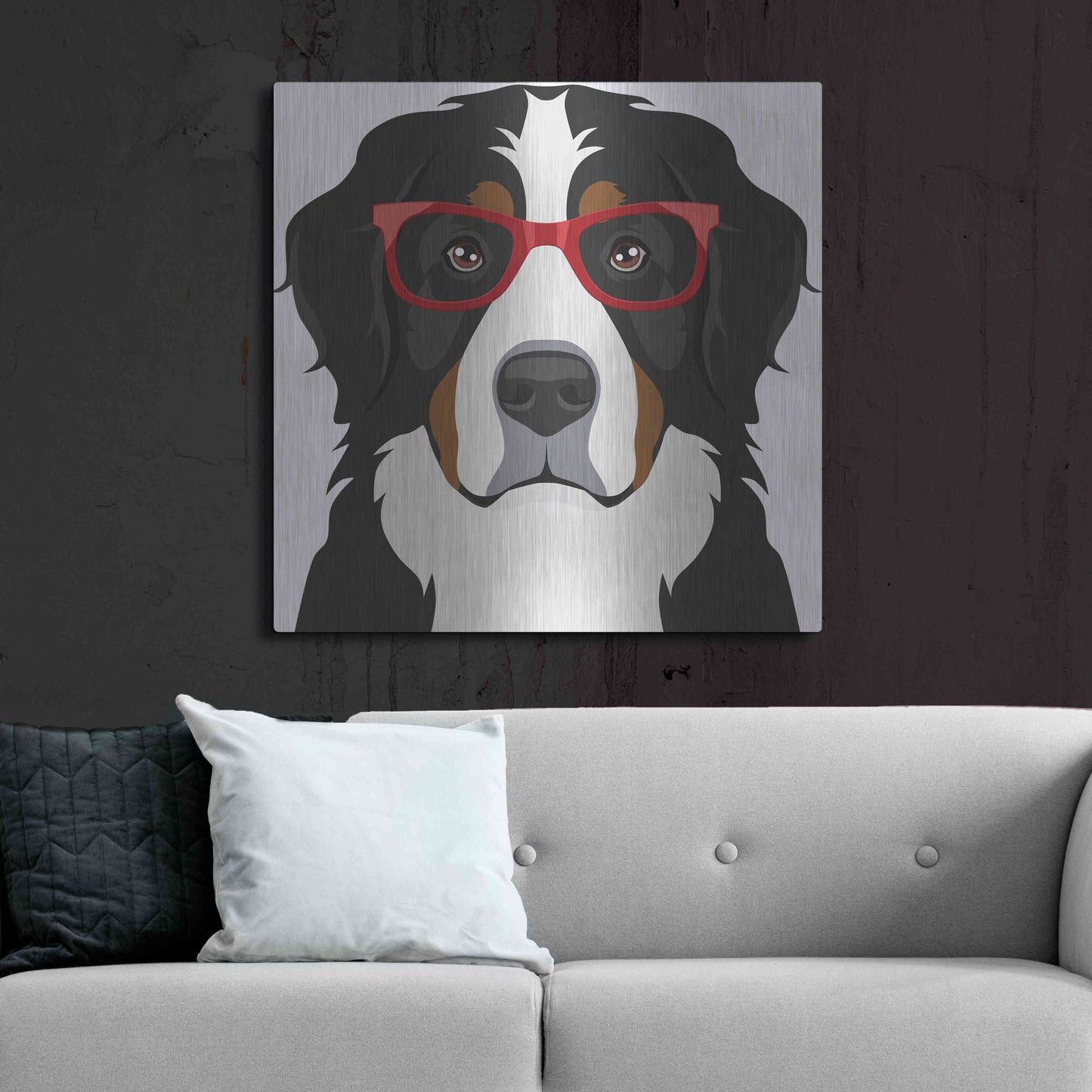 Luxe Metal Art 'Bernese Mountain Dog Wearing Hipster Glasses' by Furbaby Affiliates, Metal Wall Art,36x36