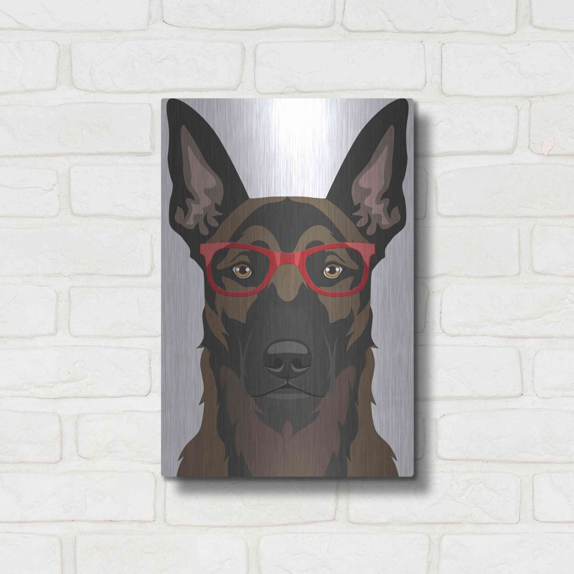 Luxe Metal Art 'Belgian Malinois Wearing Hipster Glasses' by Furbaby Affiliates, Metal Wall Art,12x16