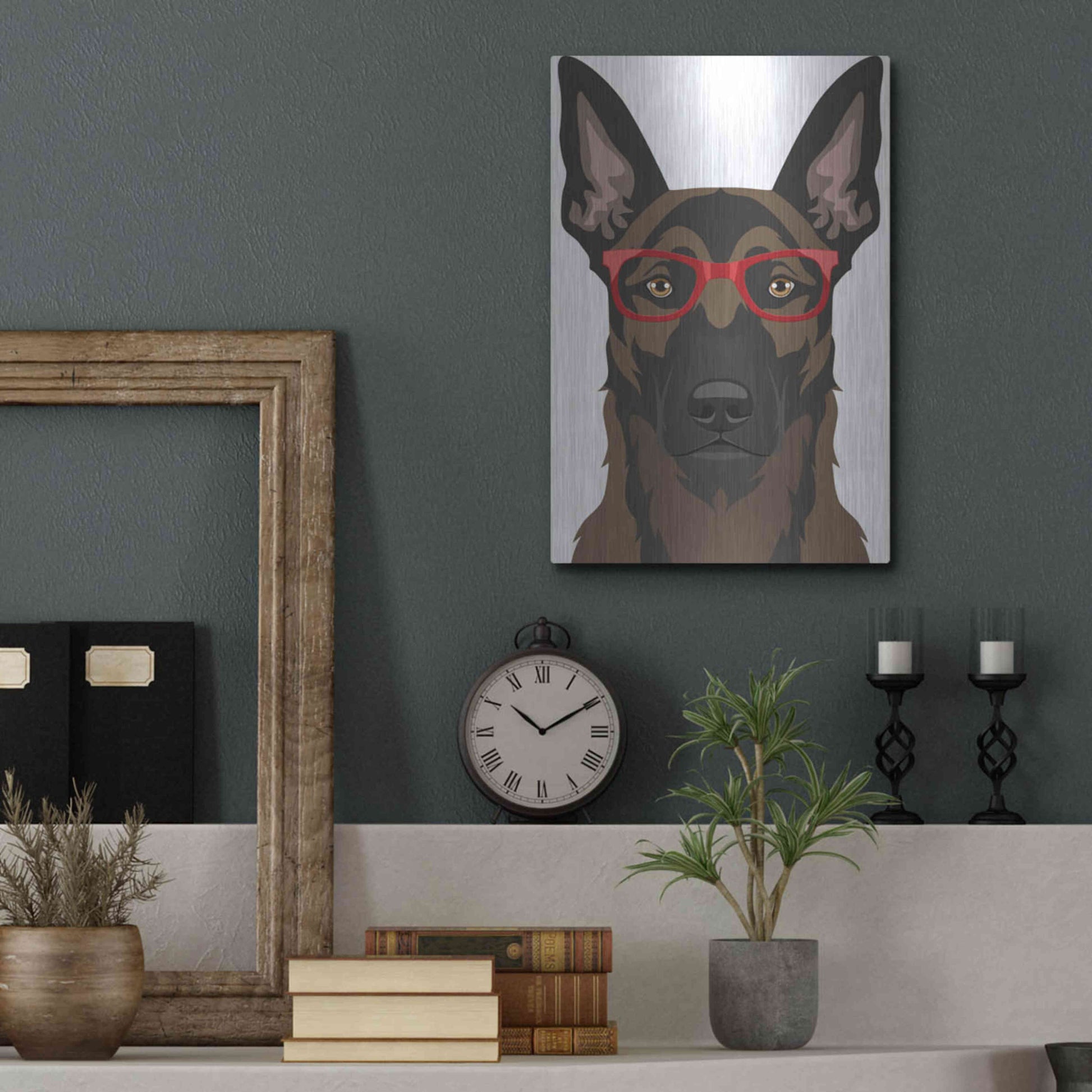 Luxe Metal Art 'Belgian Malinois Wearing Hipster Glasses' by Furbaby Affiliates, Metal Wall Art,12x16
