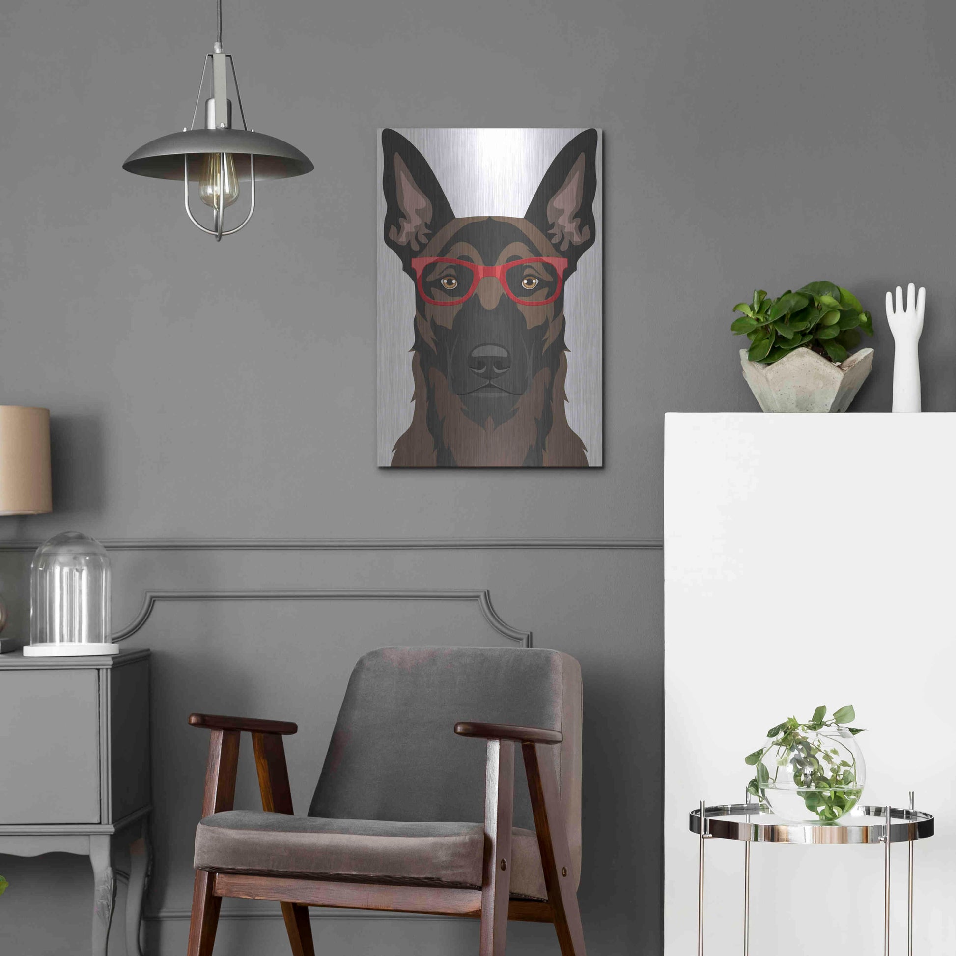 Luxe Metal Art 'Belgian Malinois Wearing Hipster Glasses' by Furbaby Affiliates, Metal Wall Art,16x24