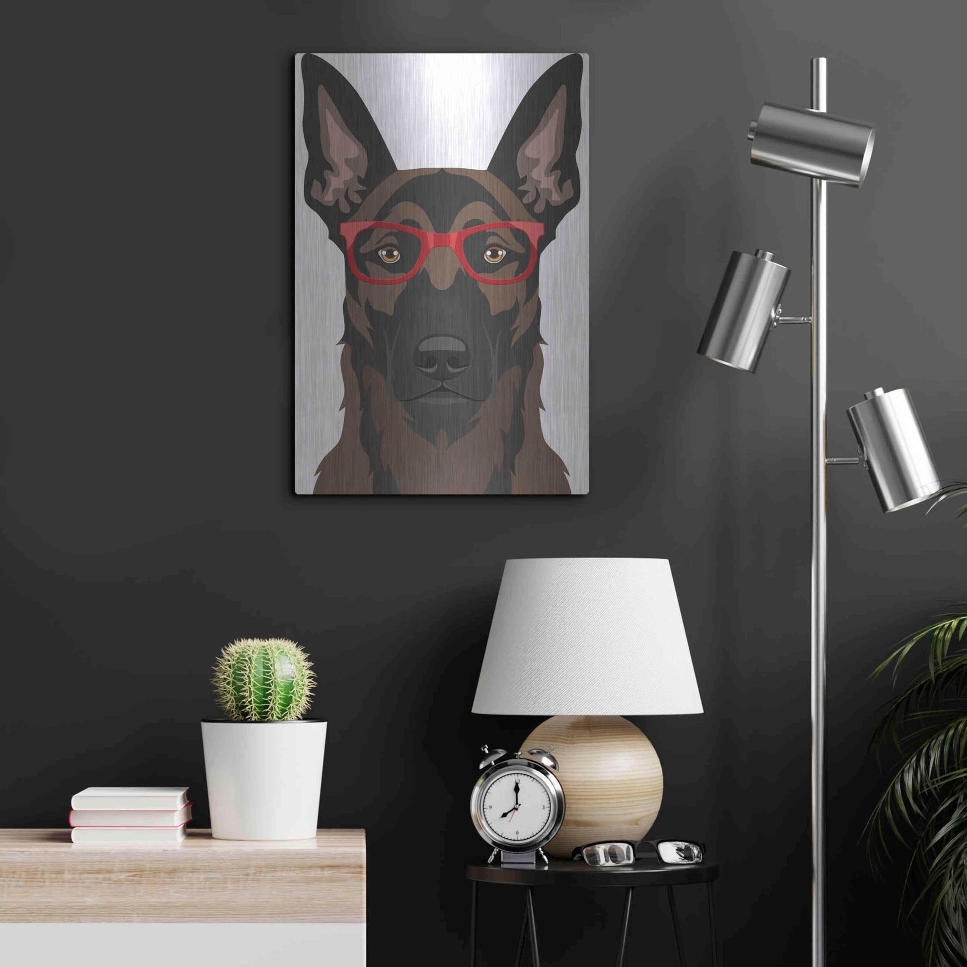 Luxe Metal Art 'Belgian Malinois Wearing Hipster Glasses' by Furbaby Affiliates, Metal Wall Art,16x24