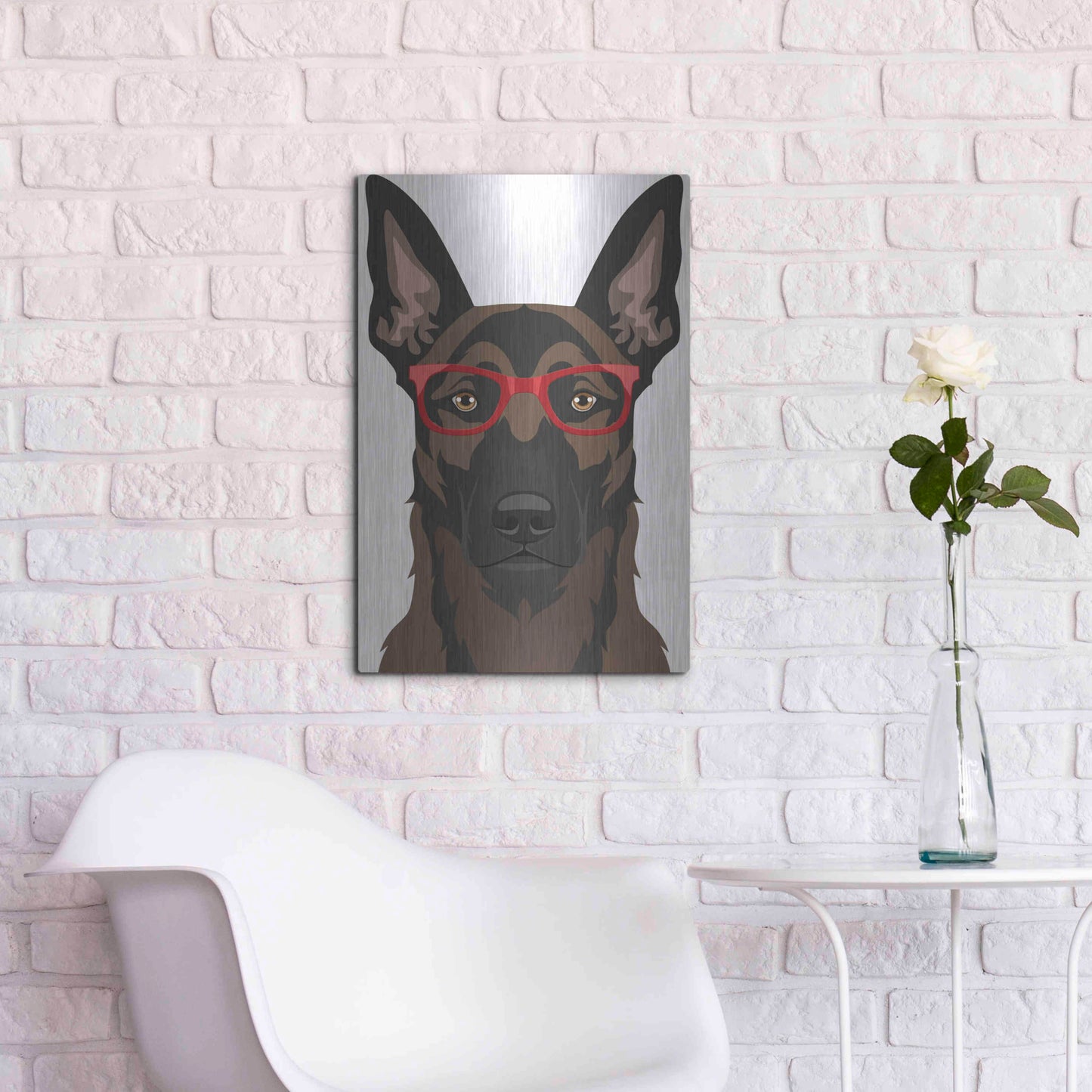 Luxe Metal Art 'Belgian Malinois Wearing Hipster Glasses' by Furbaby Affiliates, Metal Wall Art,16x24