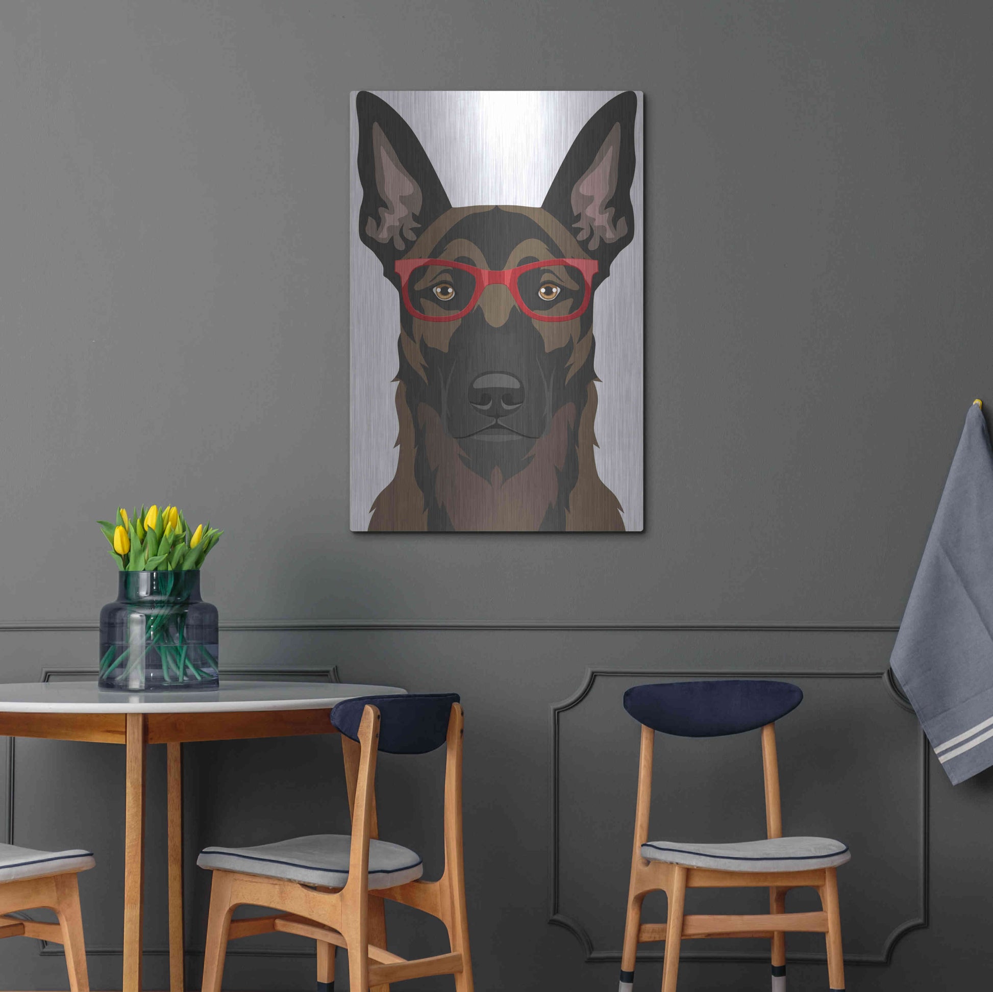 Luxe Metal Art 'Belgian Malinois Wearing Hipster Glasses' by Furbaby Affiliates, Metal Wall Art,24x36