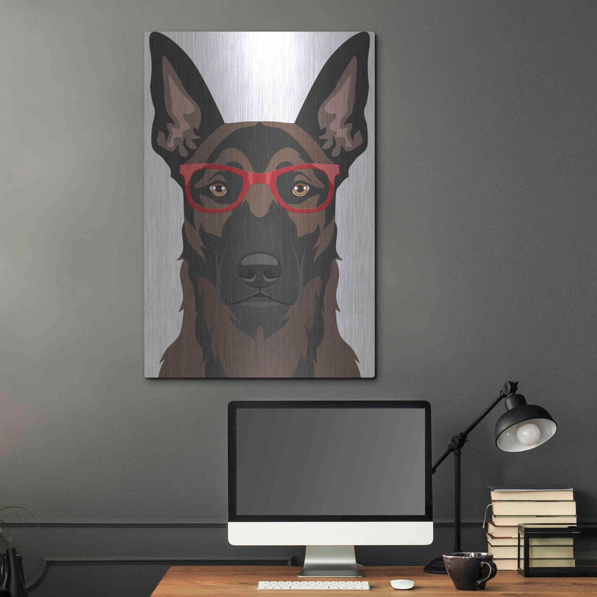 Luxe Metal Art 'Belgian Malinois Wearing Hipster Glasses' by Furbaby Affiliates, Metal Wall Art,24x36