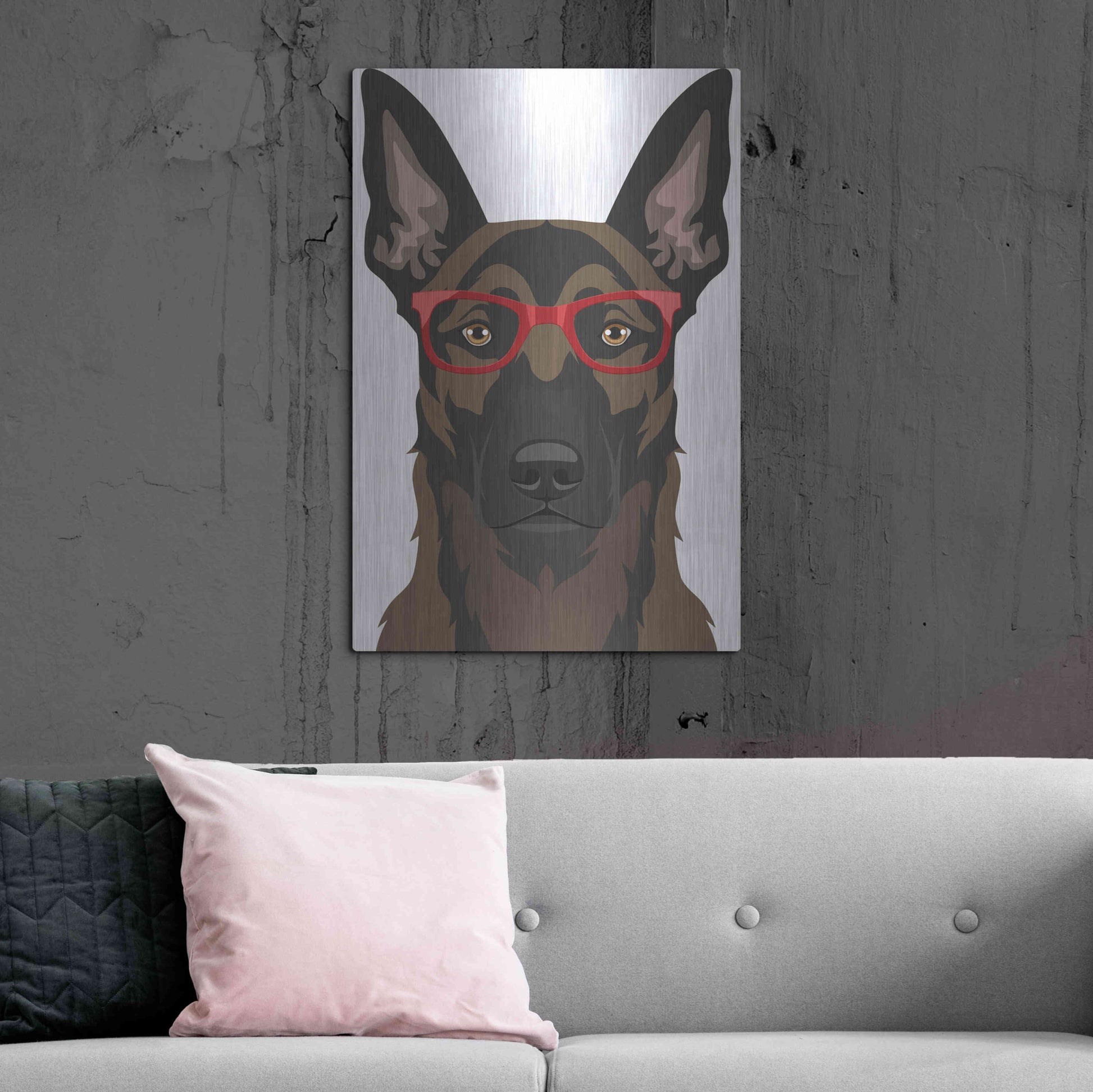 Luxe Metal Art 'Belgian Malinois Wearing Hipster Glasses' by Furbaby Affiliates, Metal Wall Art,24x36