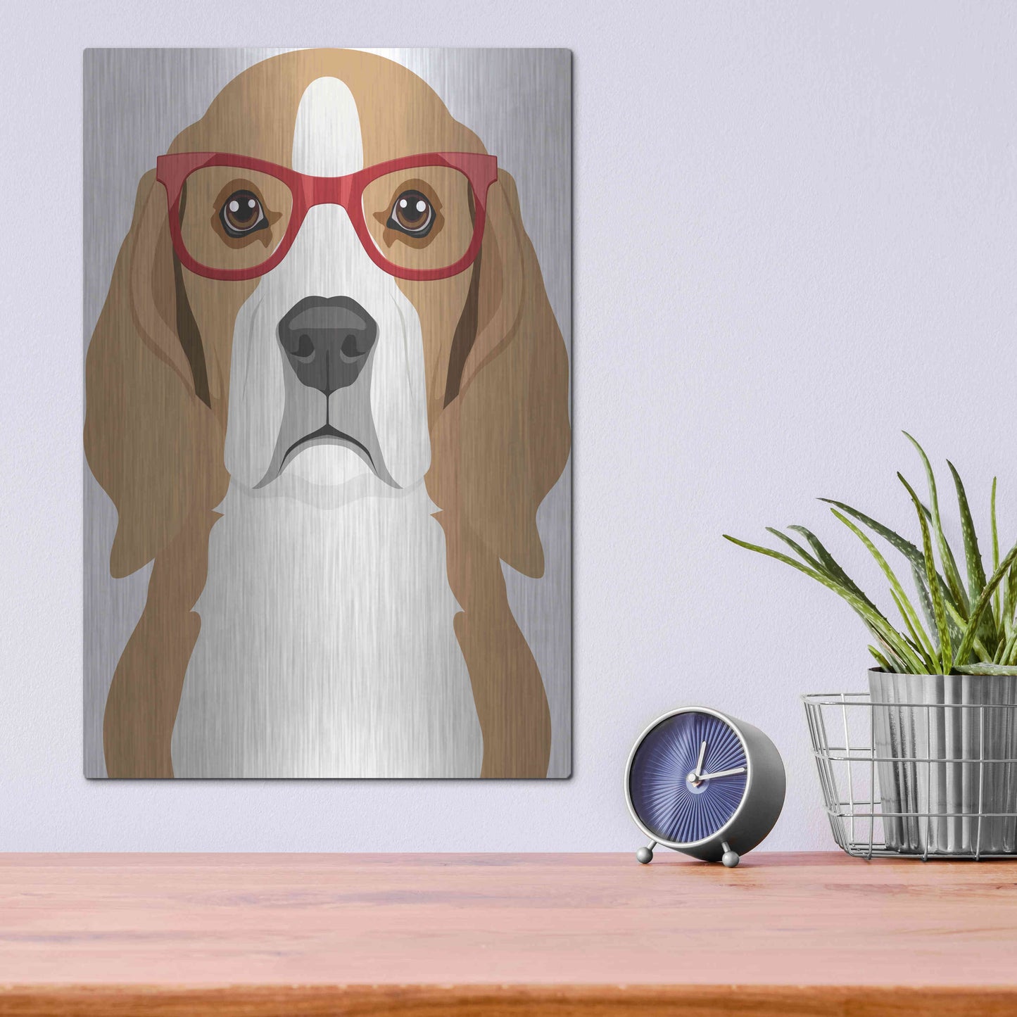 Luxe Metal Art 'Beagle Wearing Hipster Glasses' by Furbaby Affiliates, Metal Wall Art,12x16