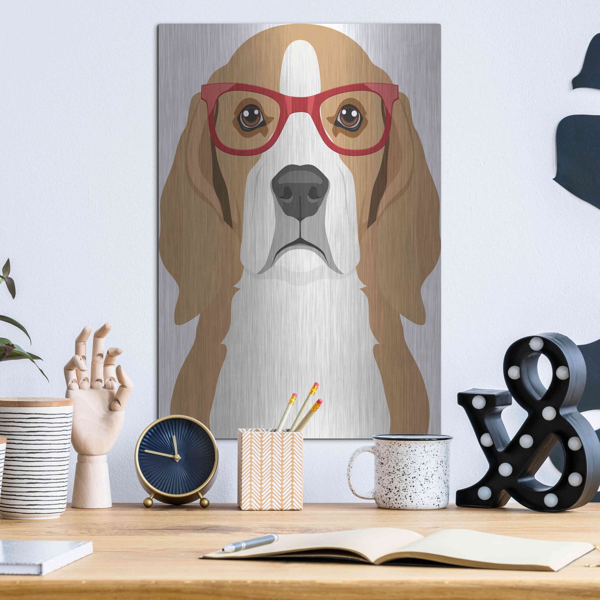 Luxe Metal Art 'Beagle Wearing Hipster Glasses' by Furbaby Affiliates, Metal Wall Art,12x16