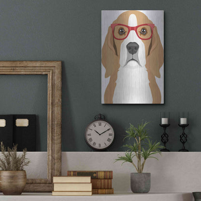 Luxe Metal Art 'Beagle Wearing Hipster Glasses' by Furbaby Affiliates, Metal Wall Art,12x16