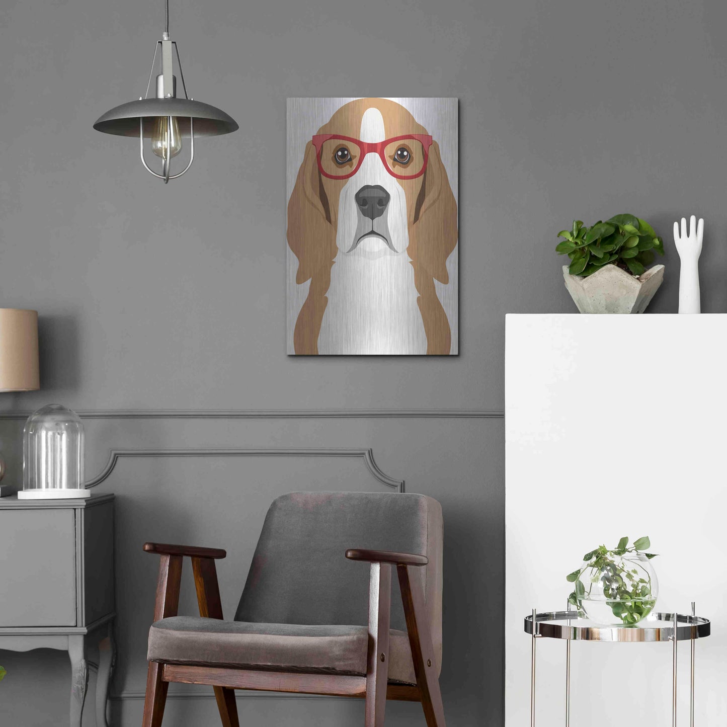 Luxe Metal Art 'Beagle Wearing Hipster Glasses' by Furbaby Affiliates, Metal Wall Art,16x24
