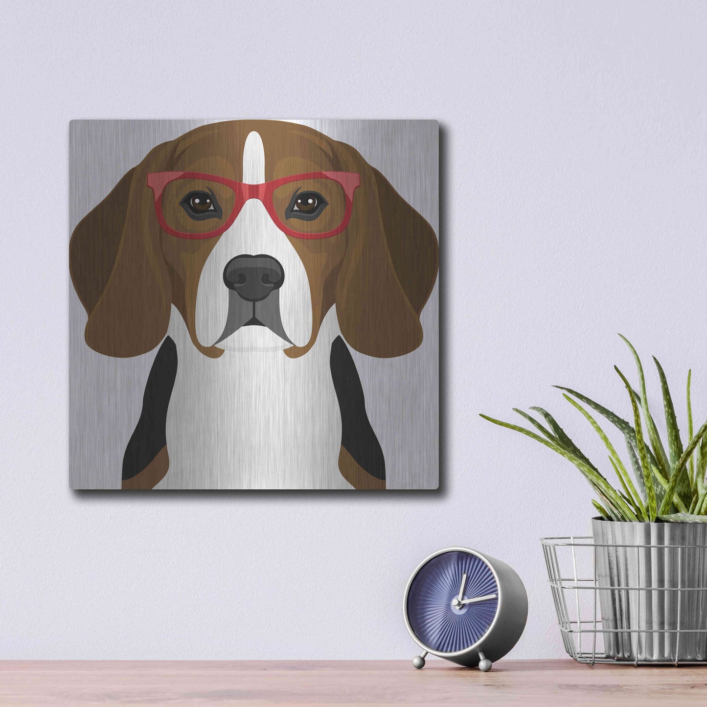 Luxe Metal Art 'Beagle Wearing Hipster Glasses 2' by Olga and Alexey Drozdov, Metal Wall Art,12x12