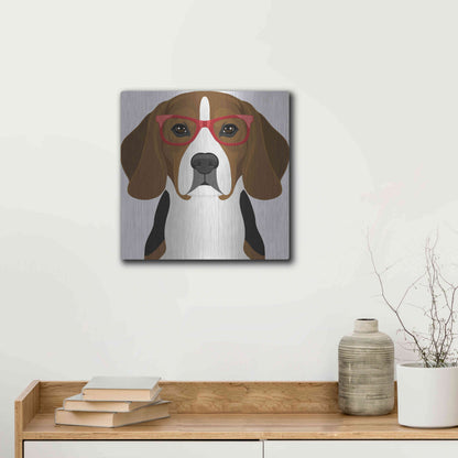 Luxe Metal Art 'Beagle Wearing Hipster Glasses 2' by Olga and Alexey Drozdov, Metal Wall Art,12x12