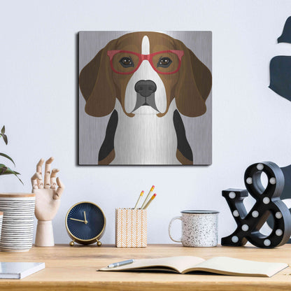 Luxe Metal Art 'Beagle Wearing Hipster Glasses 2' by Olga and Alexey Drozdov, Metal Wall Art,12x12