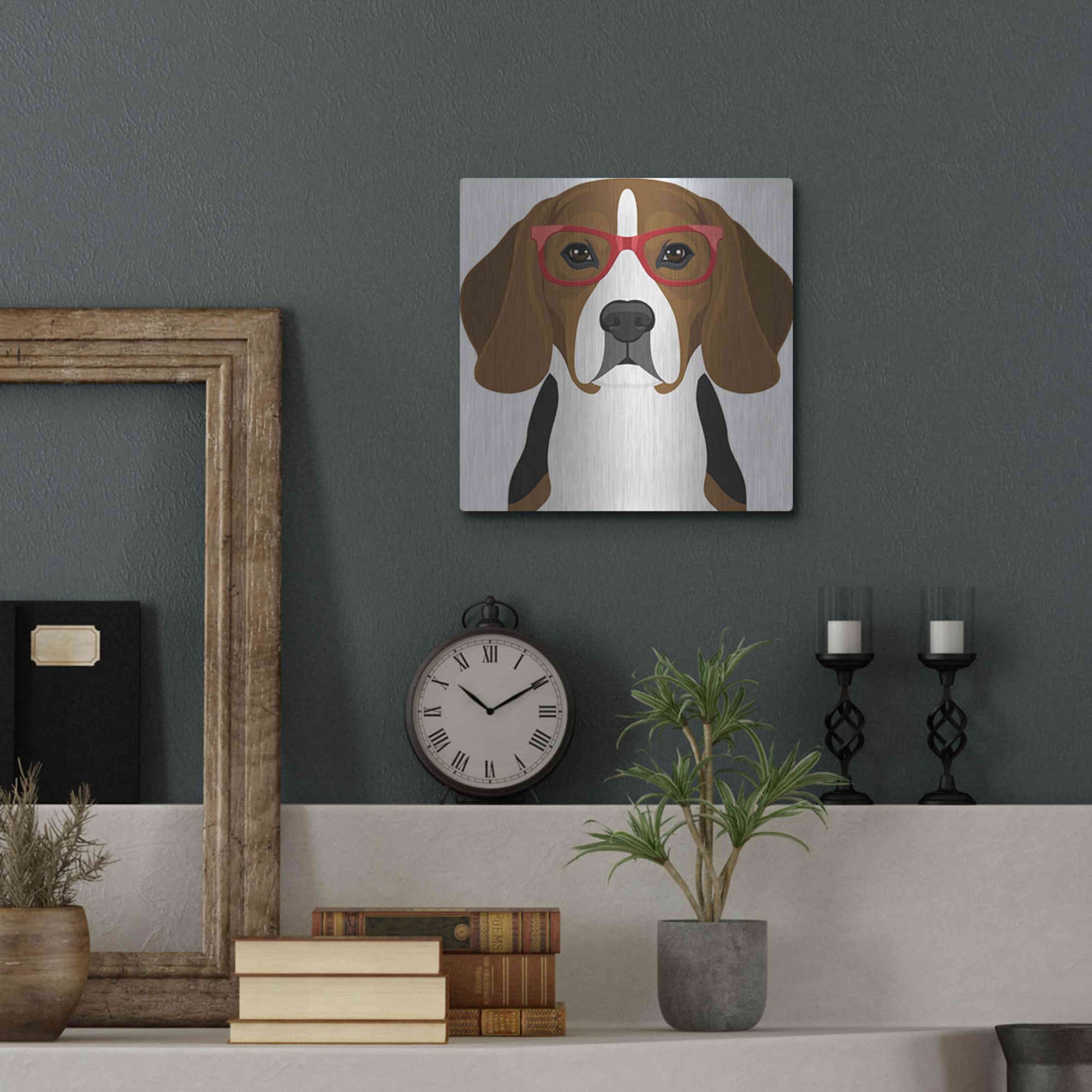 Luxe Metal Art 'Beagle Wearing Hipster Glasses 2' by Olga and Alexey Drozdov, Metal Wall Art,12x12