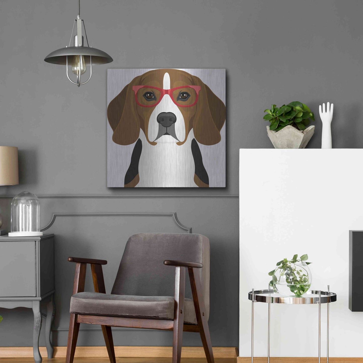 Luxe Metal Art 'Beagle Wearing Hipster Glasses 2' by Olga and Alexey Drozdov, Metal Wall Art,24x24