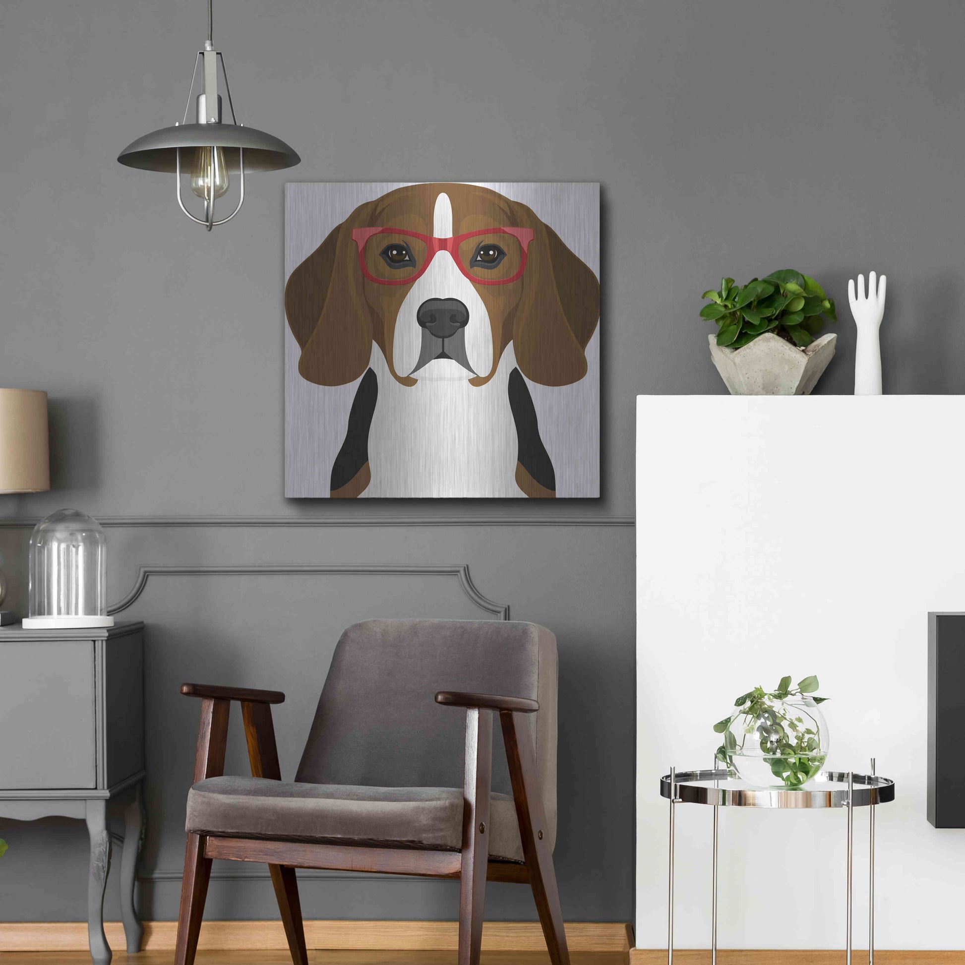 Luxe Metal Art 'Beagle Wearing Hipster Glasses 2' by Olga and Alexey Drozdov, Metal Wall Art,24x24