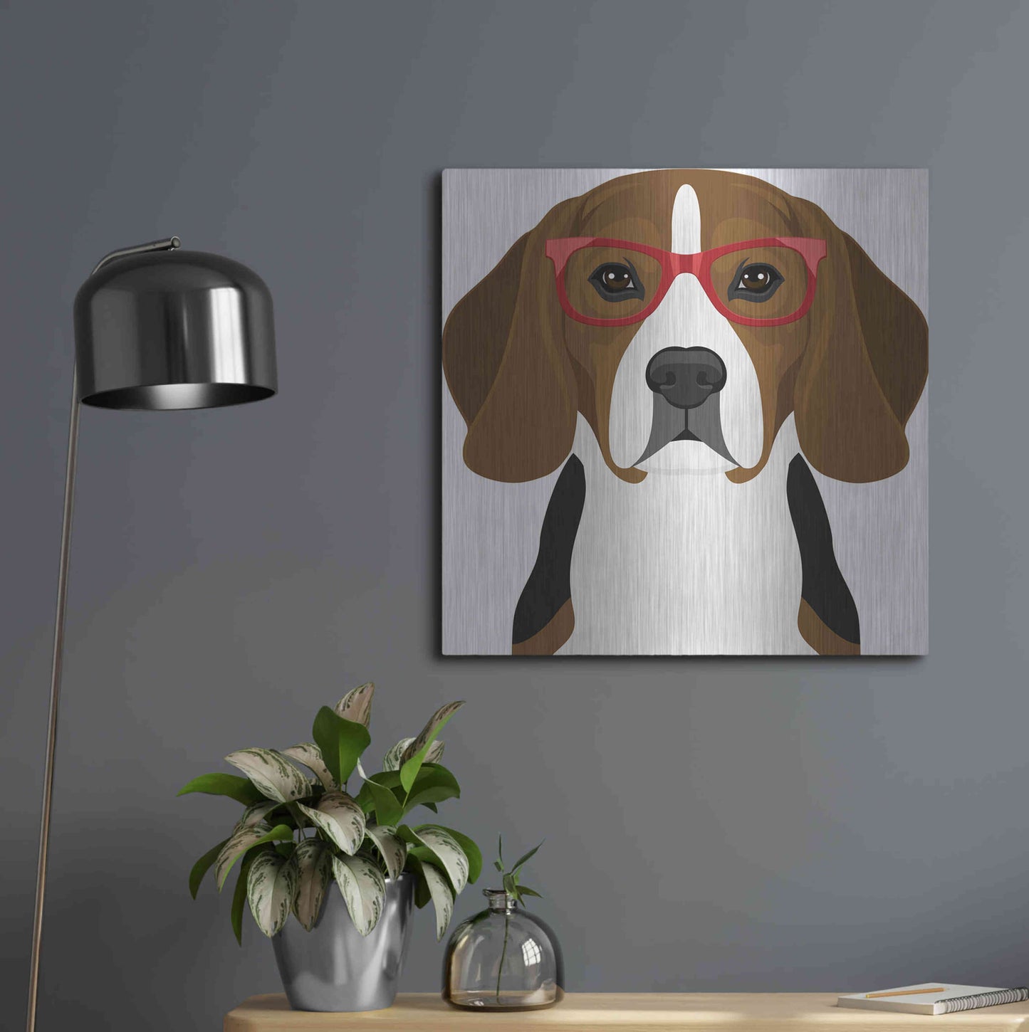 Luxe Metal Art 'Beagle Wearing Hipster Glasses 2' by Olga and Alexey Drozdov, Metal Wall Art,24x24