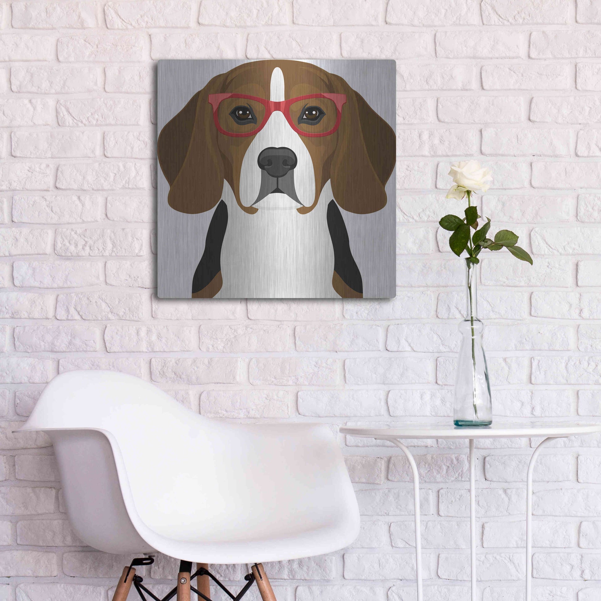 Luxe Metal Art 'Beagle Wearing Hipster Glasses 2' by Olga and Alexey Drozdov, Metal Wall Art,24x24