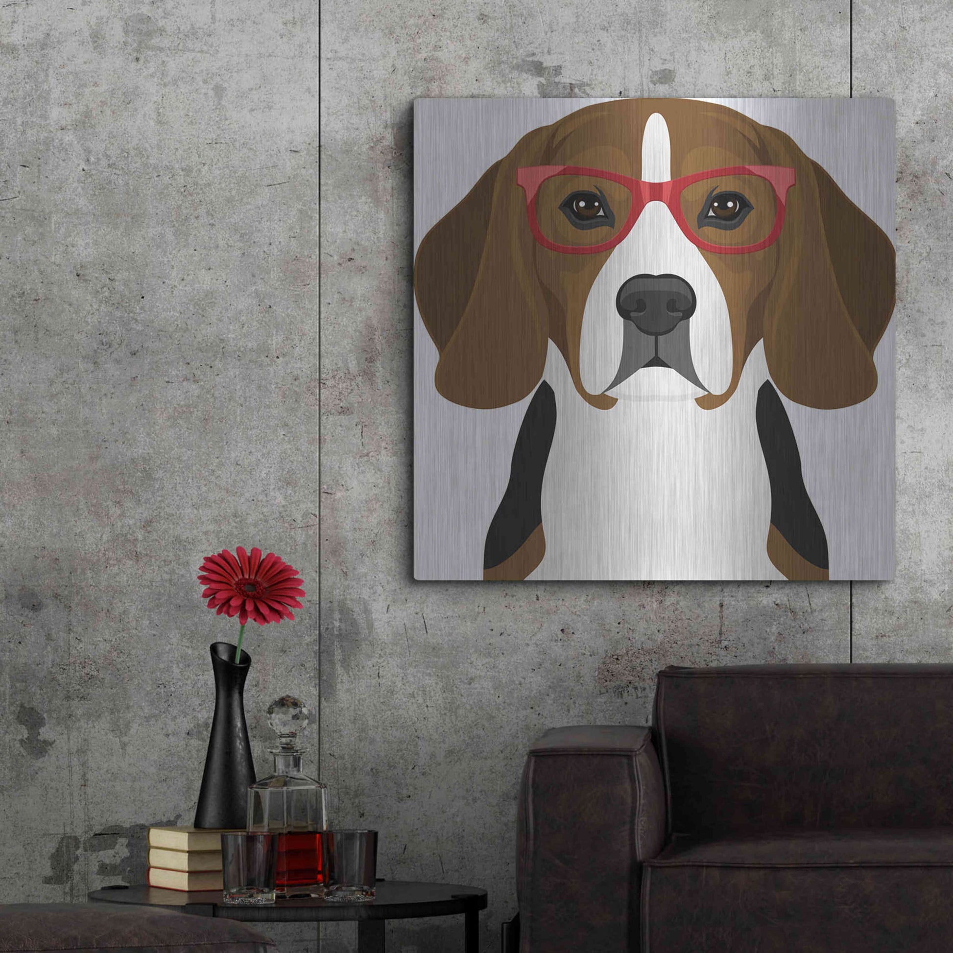 Luxe Metal Art 'Beagle Wearing Hipster Glasses 2' by Olga and Alexey Drozdov, Metal Wall Art,36x36