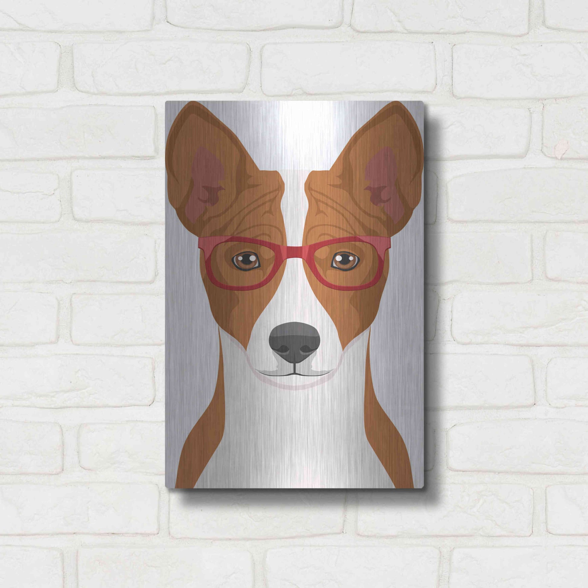 Luxe Metal Art 'Basenji Wearing Hipster Glasses' by Olga and Alexey Drozdov, Metal Wall Art,12x16