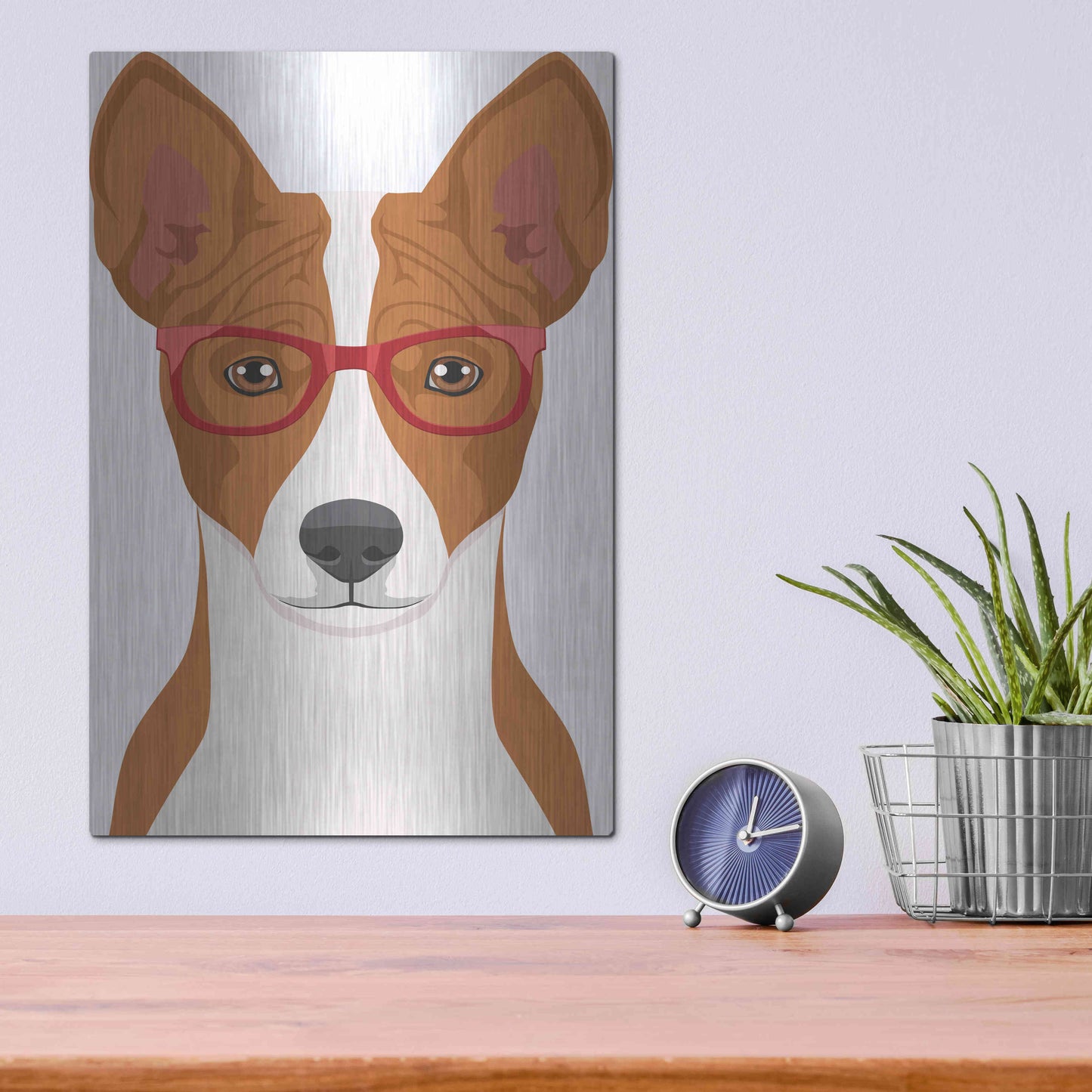 Luxe Metal Art 'Basenji Wearing Hipster Glasses' by Olga and Alexey Drozdov, Metal Wall Art,12x16