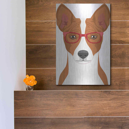 Luxe Metal Art 'Basenji Wearing Hipster Glasses' by Olga and Alexey Drozdov, Metal Wall Art,12x16