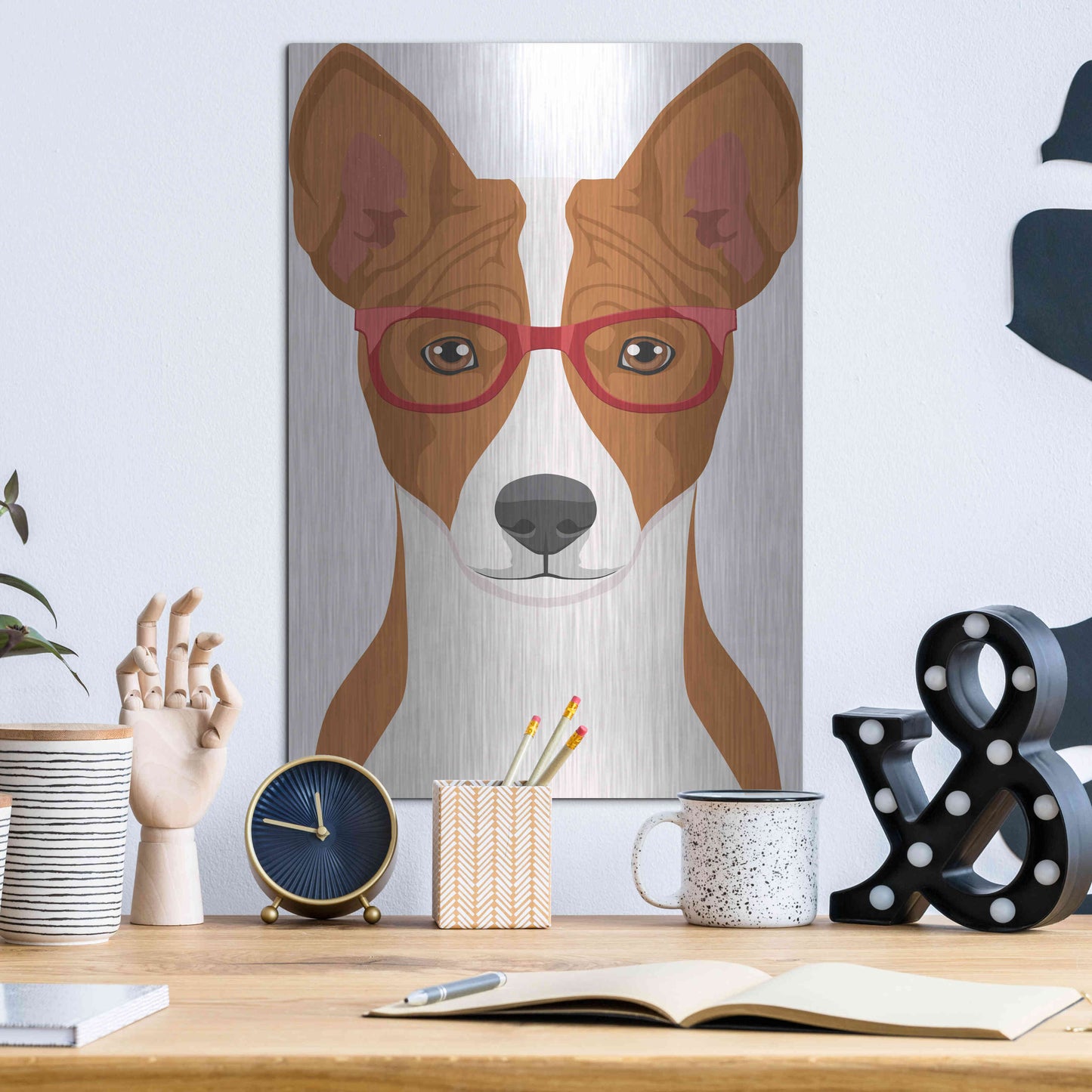 Luxe Metal Art 'Basenji Wearing Hipster Glasses' by Olga and Alexey Drozdov, Metal Wall Art,12x16