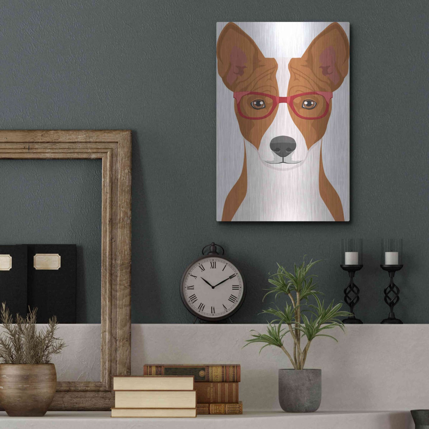 Luxe Metal Art 'Basenji Wearing Hipster Glasses' by Olga and Alexey Drozdov, Metal Wall Art,12x16