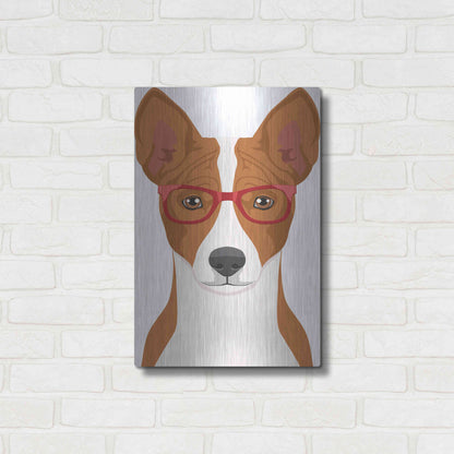 Luxe Metal Art 'Basenji Wearing Hipster Glasses' by Olga and Alexey Drozdov, Metal Wall Art,16x24