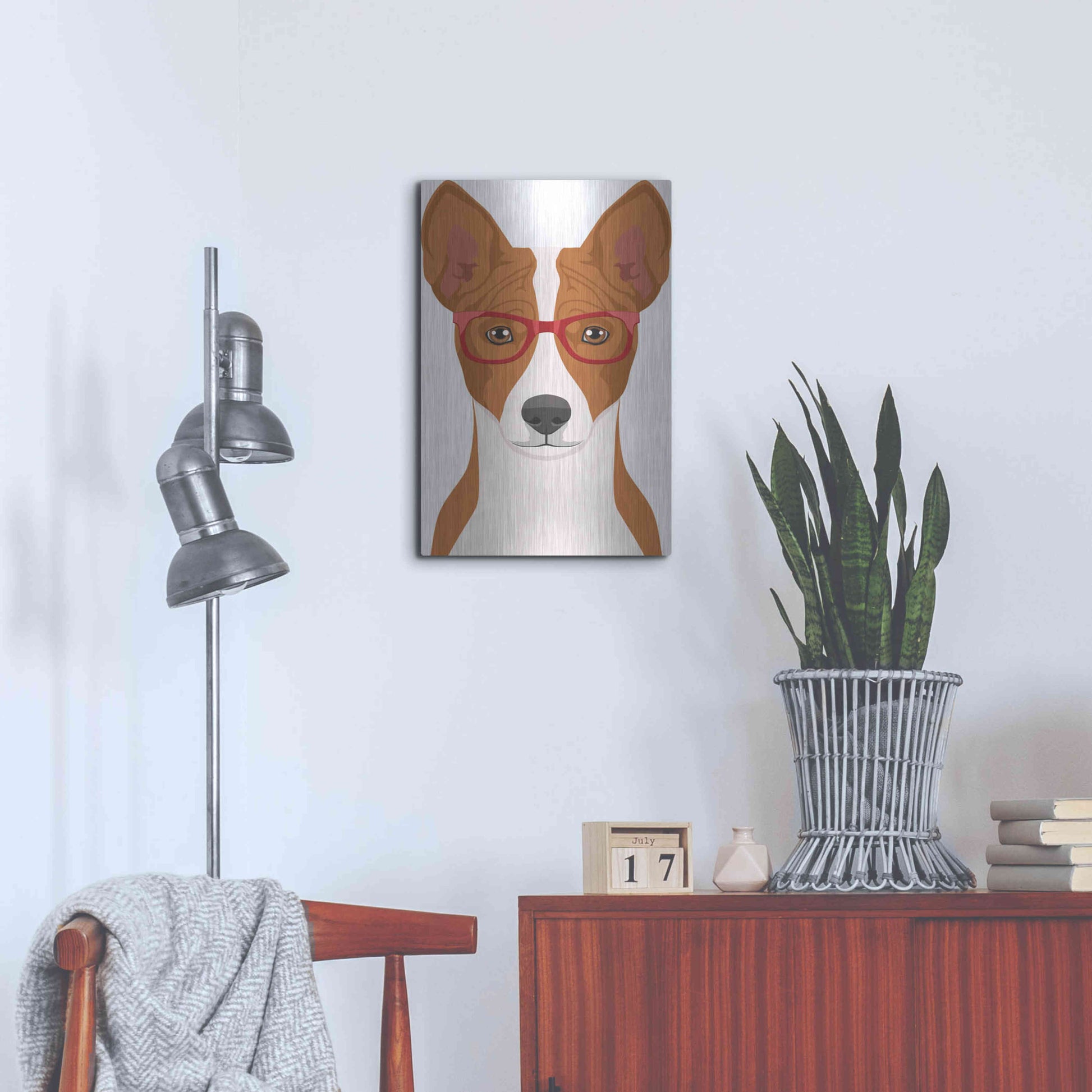 Luxe Metal Art 'Basenji Wearing Hipster Glasses' by Olga and Alexey Drozdov, Metal Wall Art,16x24