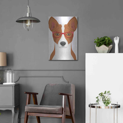 Luxe Metal Art 'Basenji Wearing Hipster Glasses' by Olga and Alexey Drozdov, Metal Wall Art,16x24