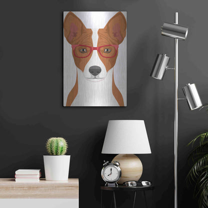 Luxe Metal Art 'Basenji Wearing Hipster Glasses' by Olga and Alexey Drozdov, Metal Wall Art,16x24