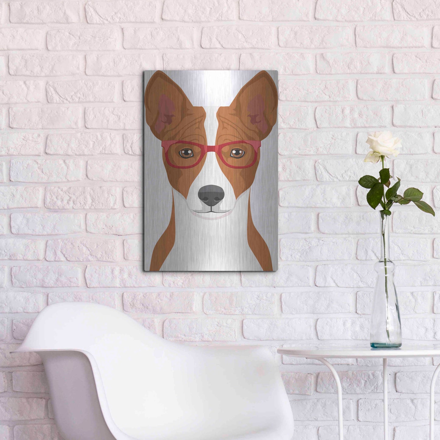 Luxe Metal Art 'Basenji Wearing Hipster Glasses' by Olga and Alexey Drozdov, Metal Wall Art,16x24