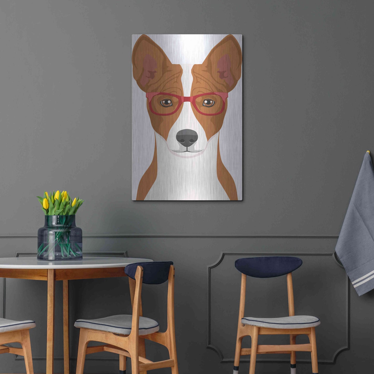 Luxe Metal Art 'Basenji Wearing Hipster Glasses' by Olga and Alexey Drozdov, Metal Wall Art,24x36