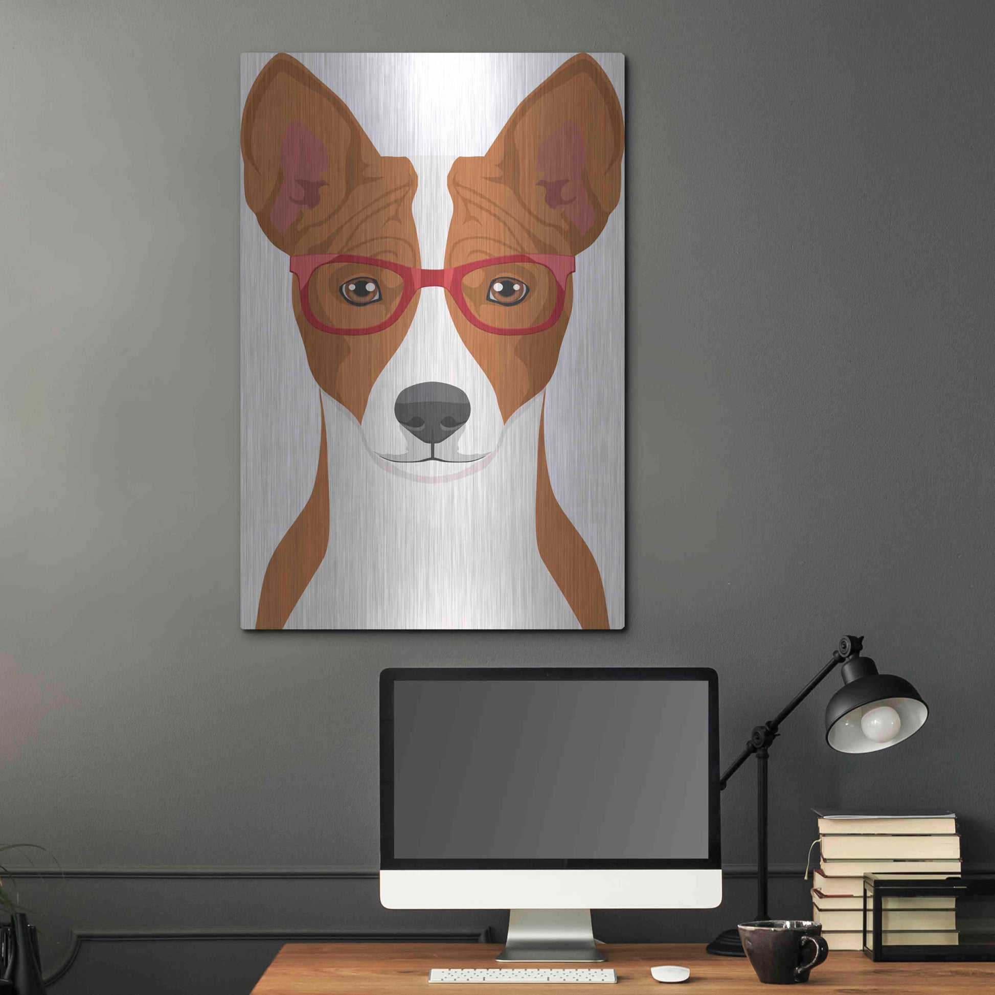 Luxe Metal Art 'Basenji Wearing Hipster Glasses' by Olga and Alexey Drozdov, Metal Wall Art,24x36