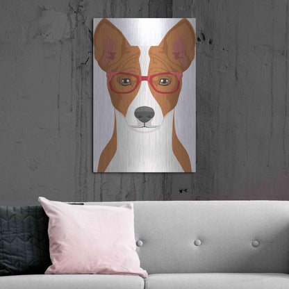 Luxe Metal Art 'Basenji Wearing Hipster Glasses' by Olga and Alexey Drozdov, Metal Wall Art,24x36