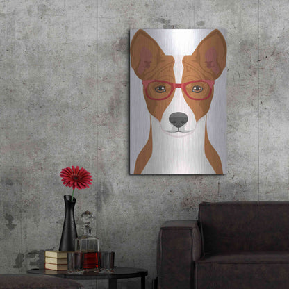 Luxe Metal Art 'Basenji Wearing Hipster Glasses' by Olga and Alexey Drozdov, Metal Wall Art,24x36