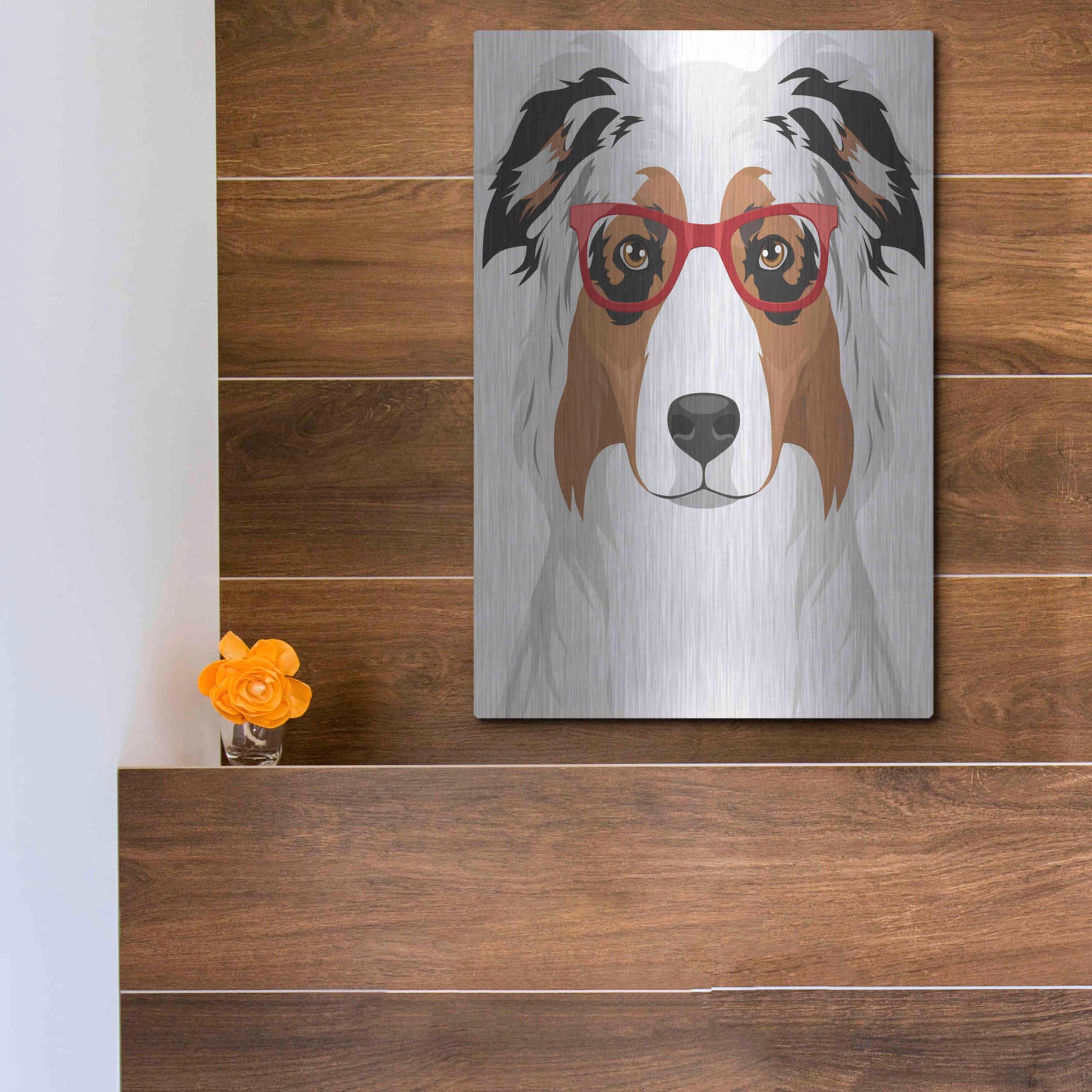 Luxe Metal Art 'Australian Shepherd Wearing Hipster Glasses' by Olga and Alexey Drozdov, Metal Wall Art,12x16