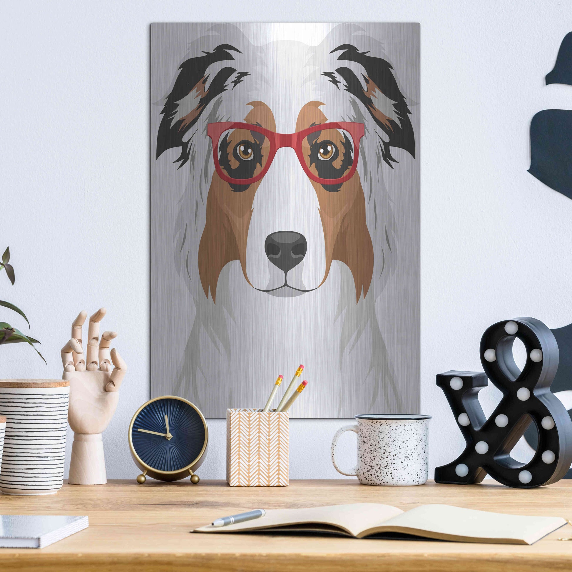 Luxe Metal Art 'Australian Shepherd Wearing Hipster Glasses' by Olga and Alexey Drozdov, Metal Wall Art,12x16