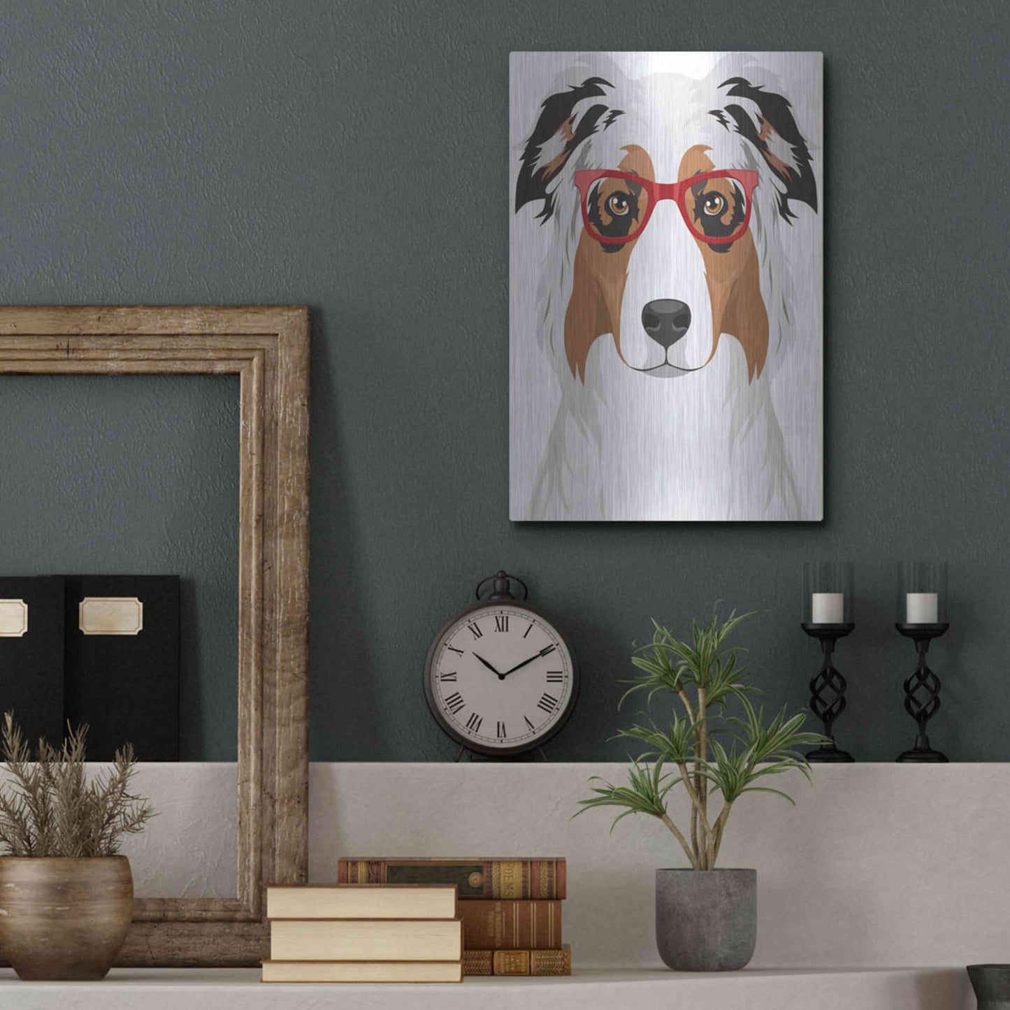 Luxe Metal Art 'Australian Shepherd Wearing Hipster Glasses' by Olga and Alexey Drozdov, Metal Wall Art,12x16