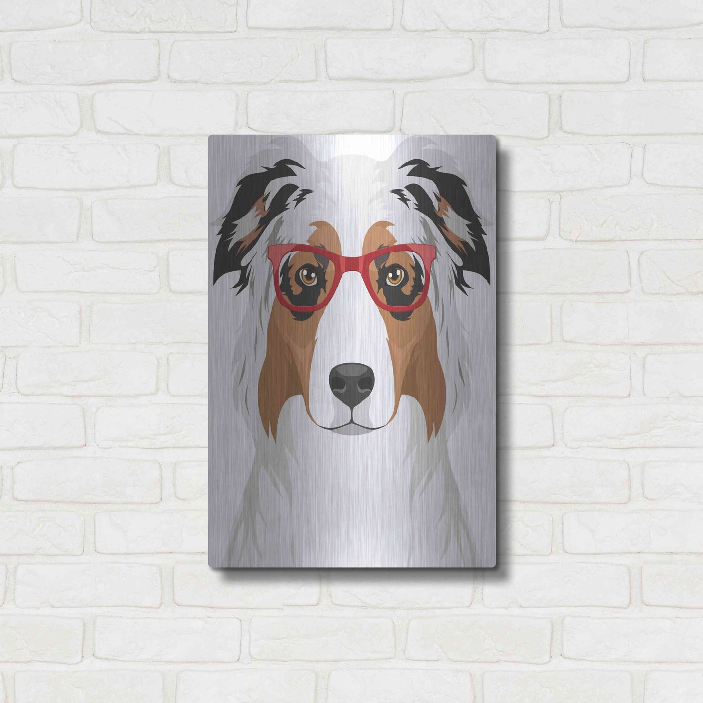 Luxe Metal Art 'Australian Shepherd Wearing Hipster Glasses' by Olga and Alexey Drozdov, Metal Wall Art,16x24