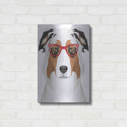 Luxe Metal Art 'Australian Shepherd Wearing Hipster Glasses' by Olga and Alexey Drozdov, Metal Wall Art,16x24