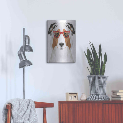 Luxe Metal Art 'Australian Shepherd Wearing Hipster Glasses' by Olga and Alexey Drozdov, Metal Wall Art,16x24