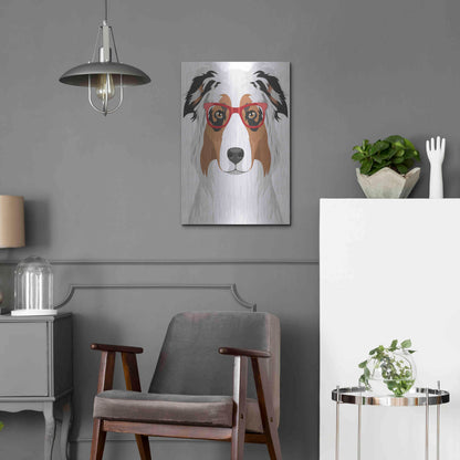 Luxe Metal Art 'Australian Shepherd Wearing Hipster Glasses' by Olga and Alexey Drozdov, Metal Wall Art,16x24