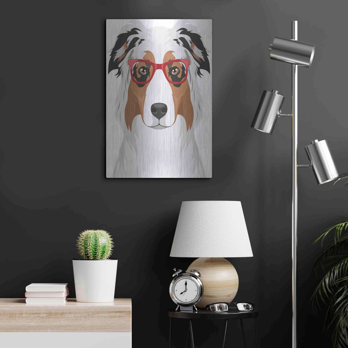 Luxe Metal Art 'Australian Shepherd Wearing Hipster Glasses' by Olga and Alexey Drozdov, Metal Wall Art,16x24