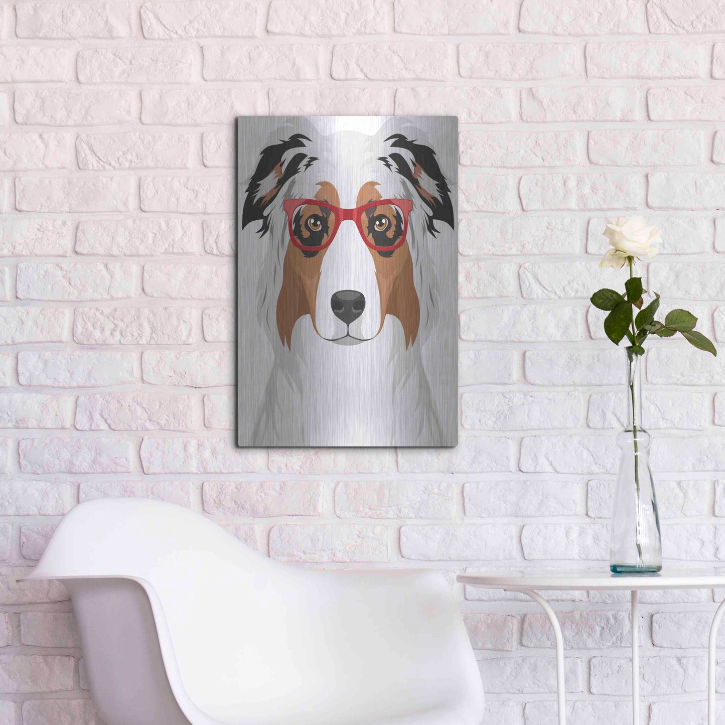 Luxe Metal Art 'Australian Shepherd Wearing Hipster Glasses' by Olga and Alexey Drozdov, Metal Wall Art,16x24