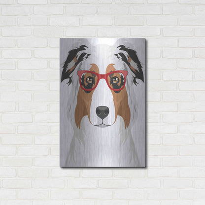 Luxe Metal Art 'Australian Shepherd Wearing Hipster Glasses' by Olga and Alexey Drozdov, Metal Wall Art,24x36