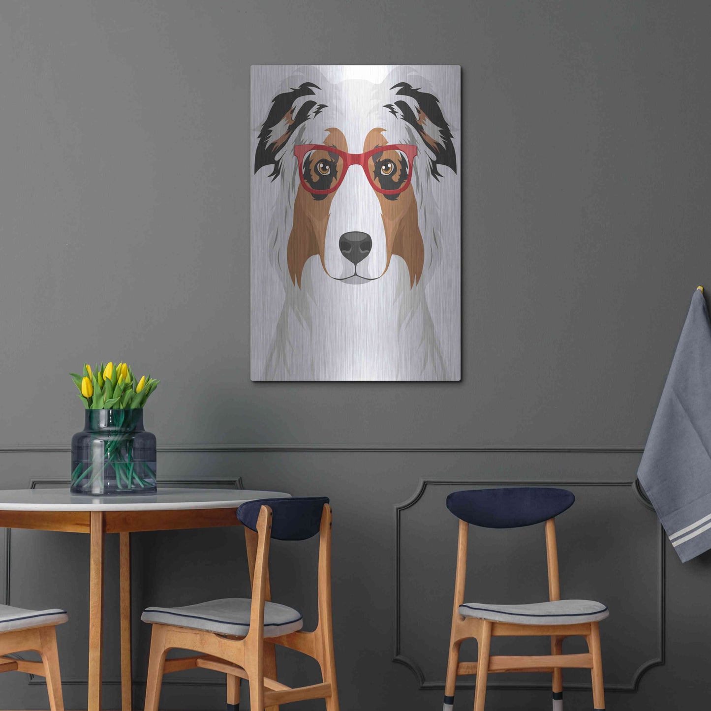 Luxe Metal Art 'Australian Shepherd Wearing Hipster Glasses' by Olga and Alexey Drozdov, Metal Wall Art,24x36