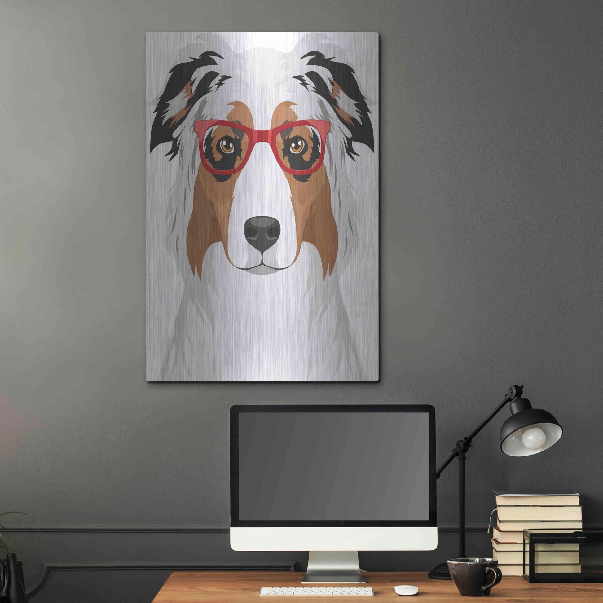 Luxe Metal Art 'Australian Shepherd Wearing Hipster Glasses' by Olga and Alexey Drozdov, Metal Wall Art,24x36