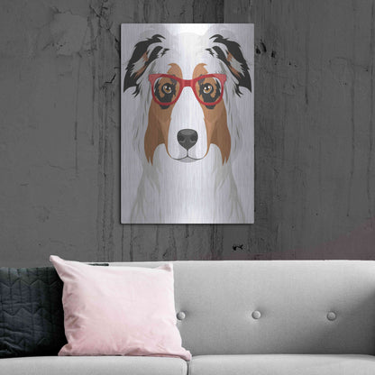 Luxe Metal Art 'Australian Shepherd Wearing Hipster Glasses' by Olga and Alexey Drozdov, Metal Wall Art,24x36